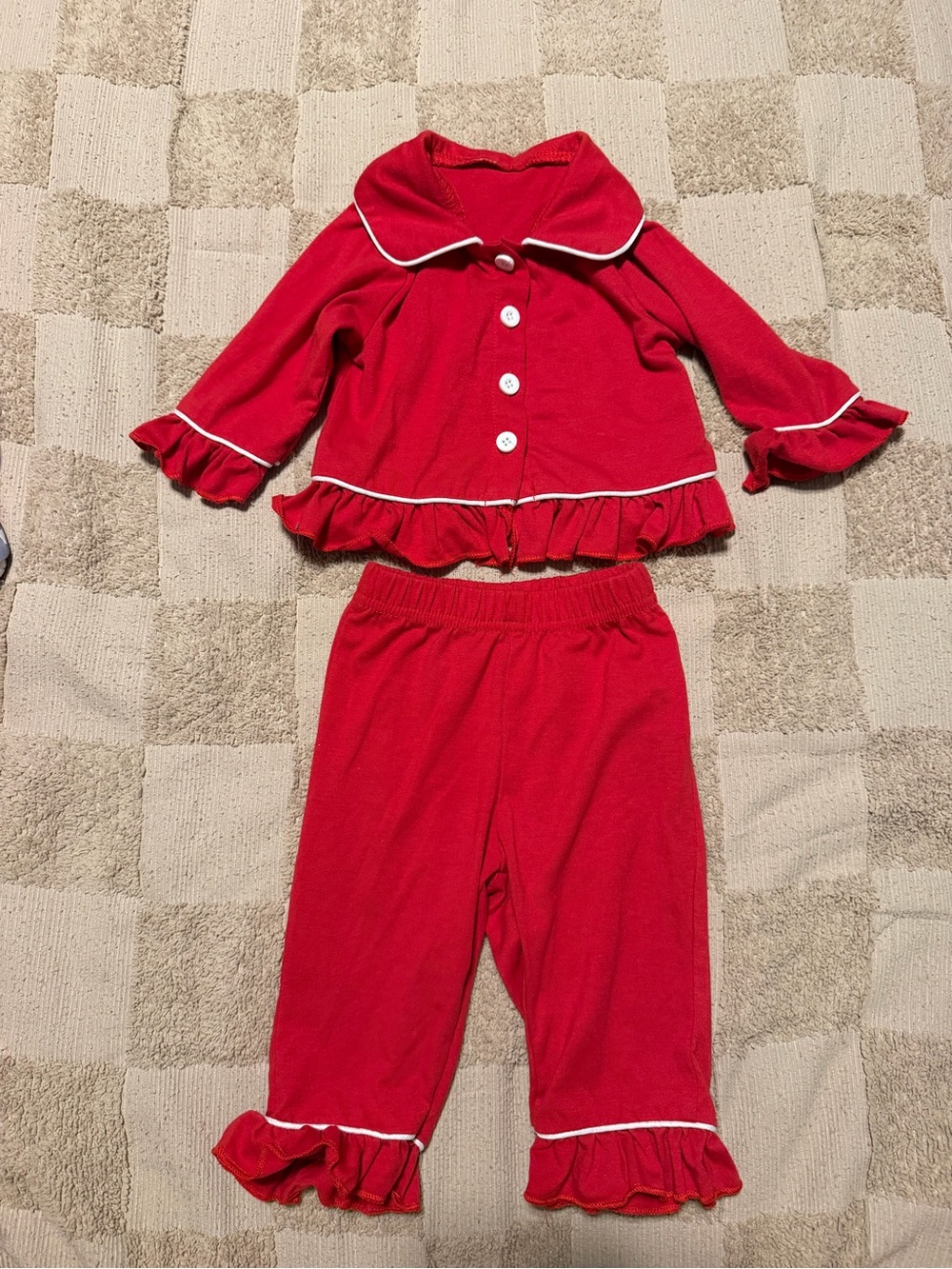 SHEIN Red Ruffle Pajama Set with White Trim